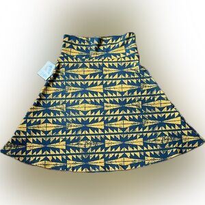 LuLaRoe Azure Blue and Mustard Yellow Tribal Print A-Line Skirt W Yoga Waistband